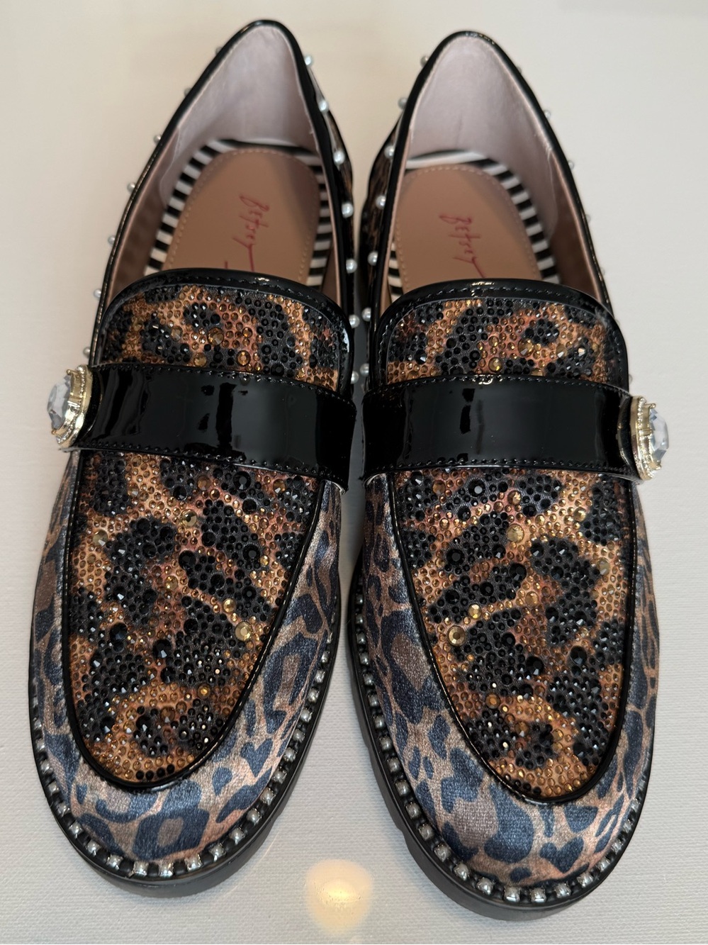 Betsey Johnson Braylon Leopard Sequin Loafers with Black Patent Strap size 8